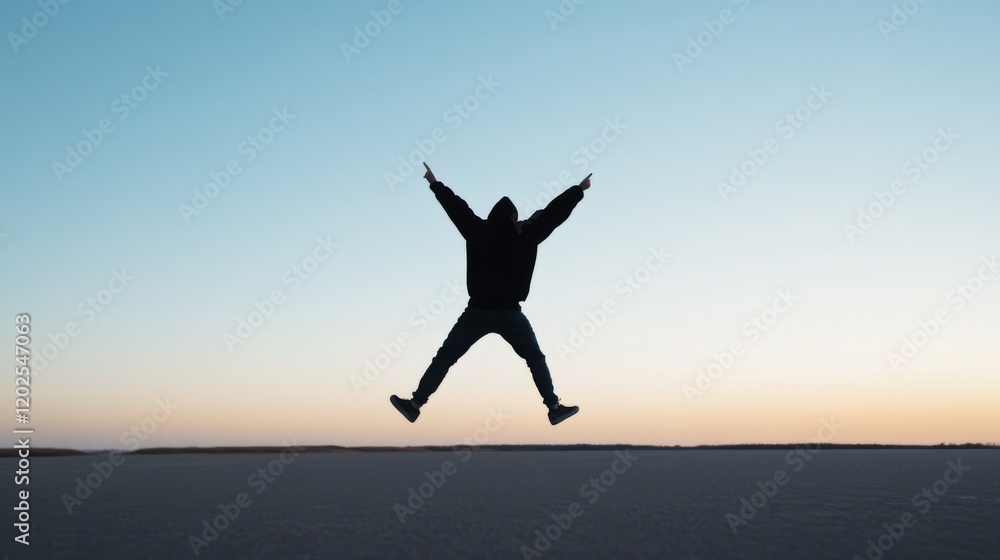 Silhouette of a person jumping joyfully at sunset. Silhouette of a person jumping joyfully at sunset.