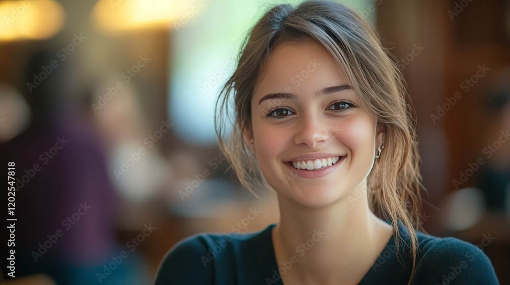 smiling female New Channel Manager looks into the camera, blurry background smiling female New Channel Manager looks into the camera, blurry background