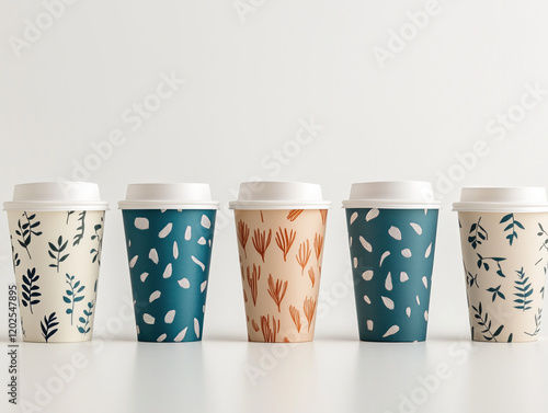 Stylish Disposable Coffee Cups with Modern Leaf Patterns on White Background