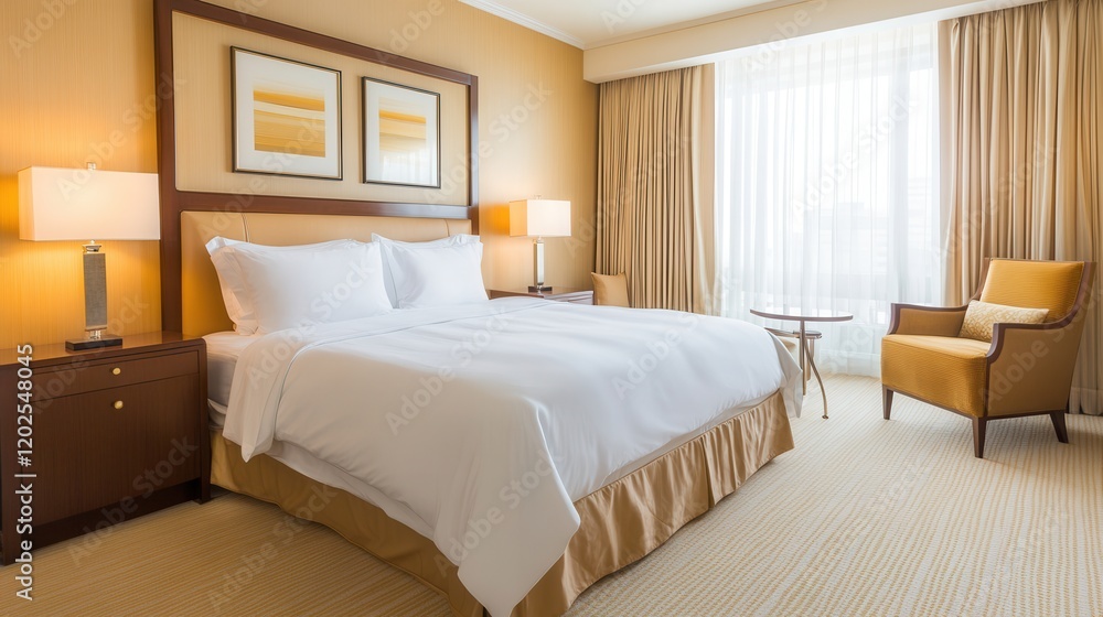 A five star hotel style bedroom with crisp linens, gold accents, and floor to ceiling curtains A five star hotel style bedroom with crisp linens, gold accents, and floor to ceiling curtains