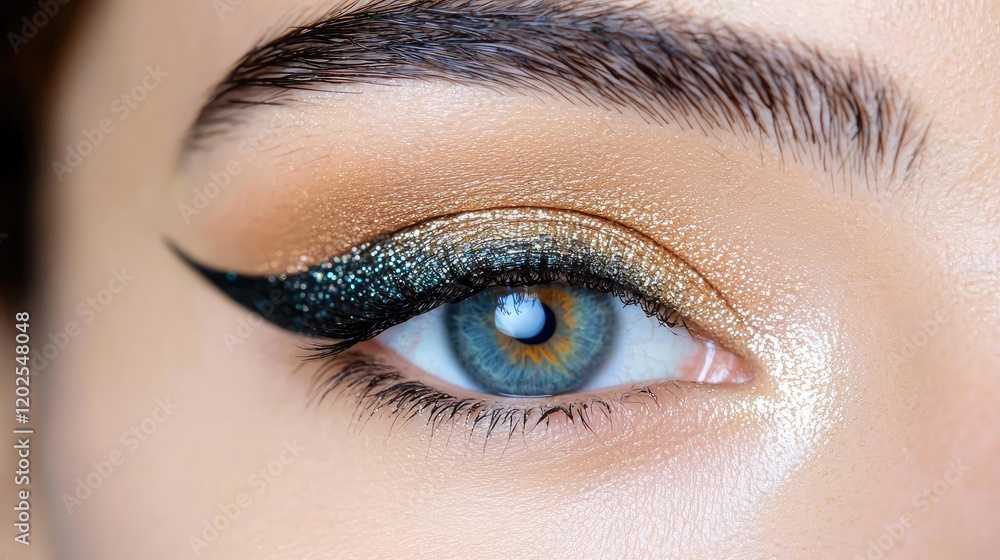 Fototapeta premium Close-up of a woman's eye with gold eyeshadow and winged eyeliner
