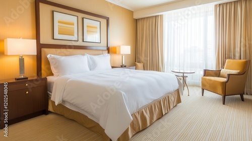 Wallpaper Mural A five star hotel style bedroom with crisp linens, gold accents, and floor to ceiling curtains Torontodigital.ca