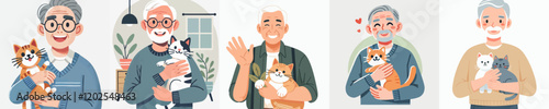 vector set of grandparents holding pet cats