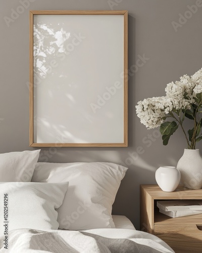 Blank frame mockup on bedroom wall with white bedding and flowers.