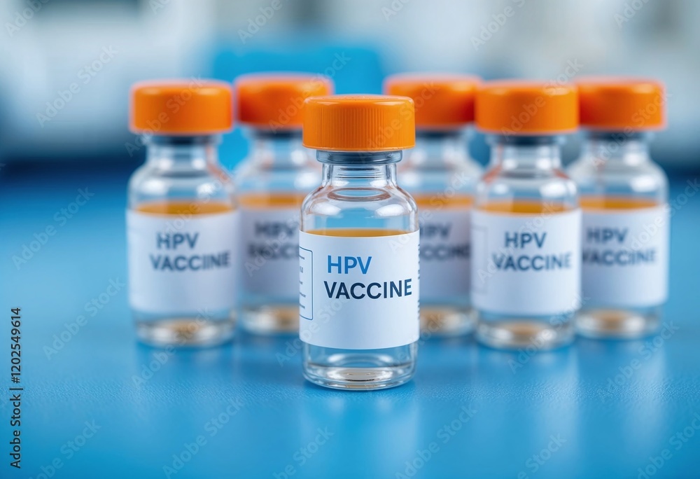 Close-up of HPV vaccine vials on a blue surface, emphasizing healthcare and immunization. Close-up of HPV vaccine vials on a blue surface, emphasizing healthcare and immunization.
