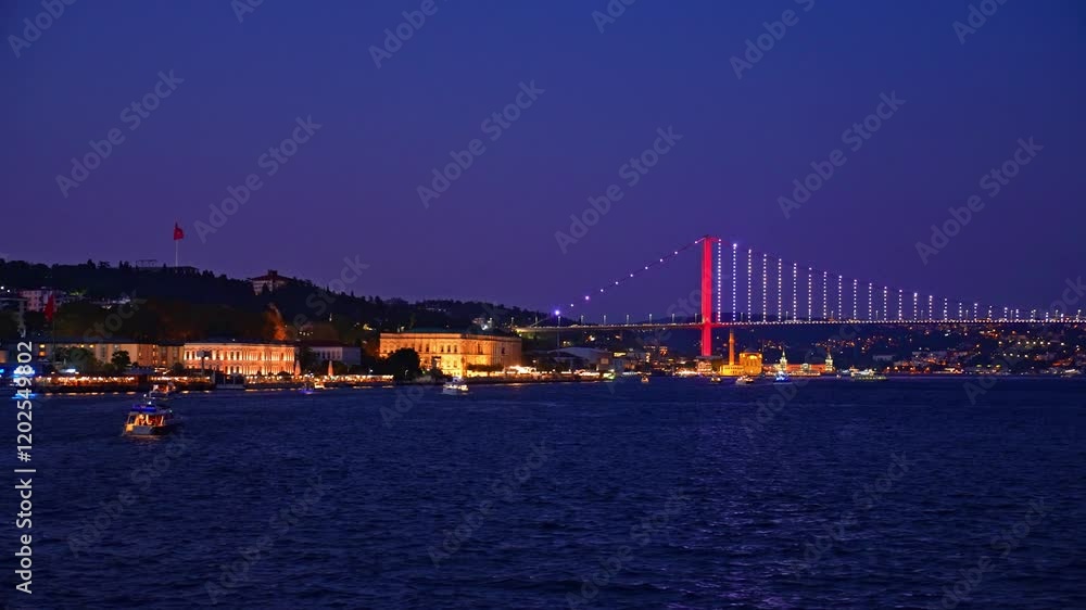 This video captures a serene evening view of Istanbul's coastline, with warm lights reflecting on the Bosphorus. Historic buildings and vibrant streets shine showcasing the city's charm. This video captures a serene evening view of Istanbul's coastline, with warm lights reflecting on the Bosphorus. Historic buildings and vibrant streets shine showcasing the city's charm.