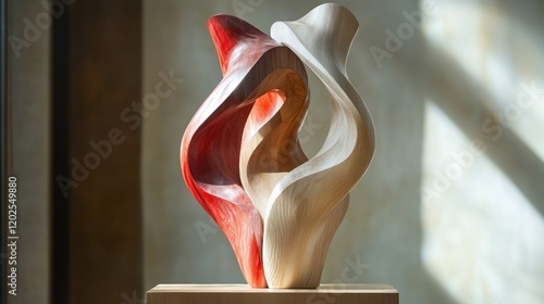 Abstract red-white wood sculpture indoors, sunlight photo