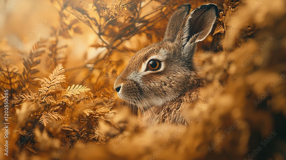 Fototapeta premium Brown rabbit in lush grass under yellow sky