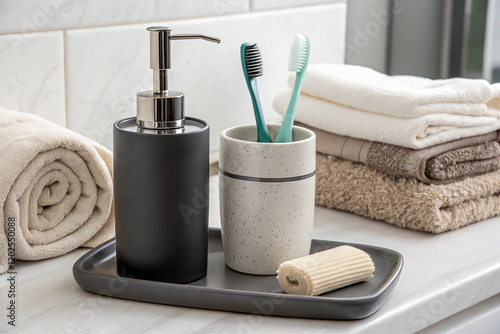 Bathroom tray with soap, toothbrush, towels photo