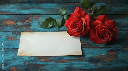 Red roses and blank vintage note on teal wooden background photo