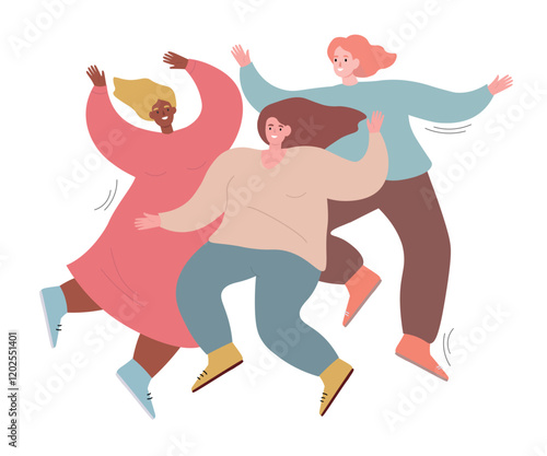 Young women dance, rejoice, jump. Vector flat graphics.