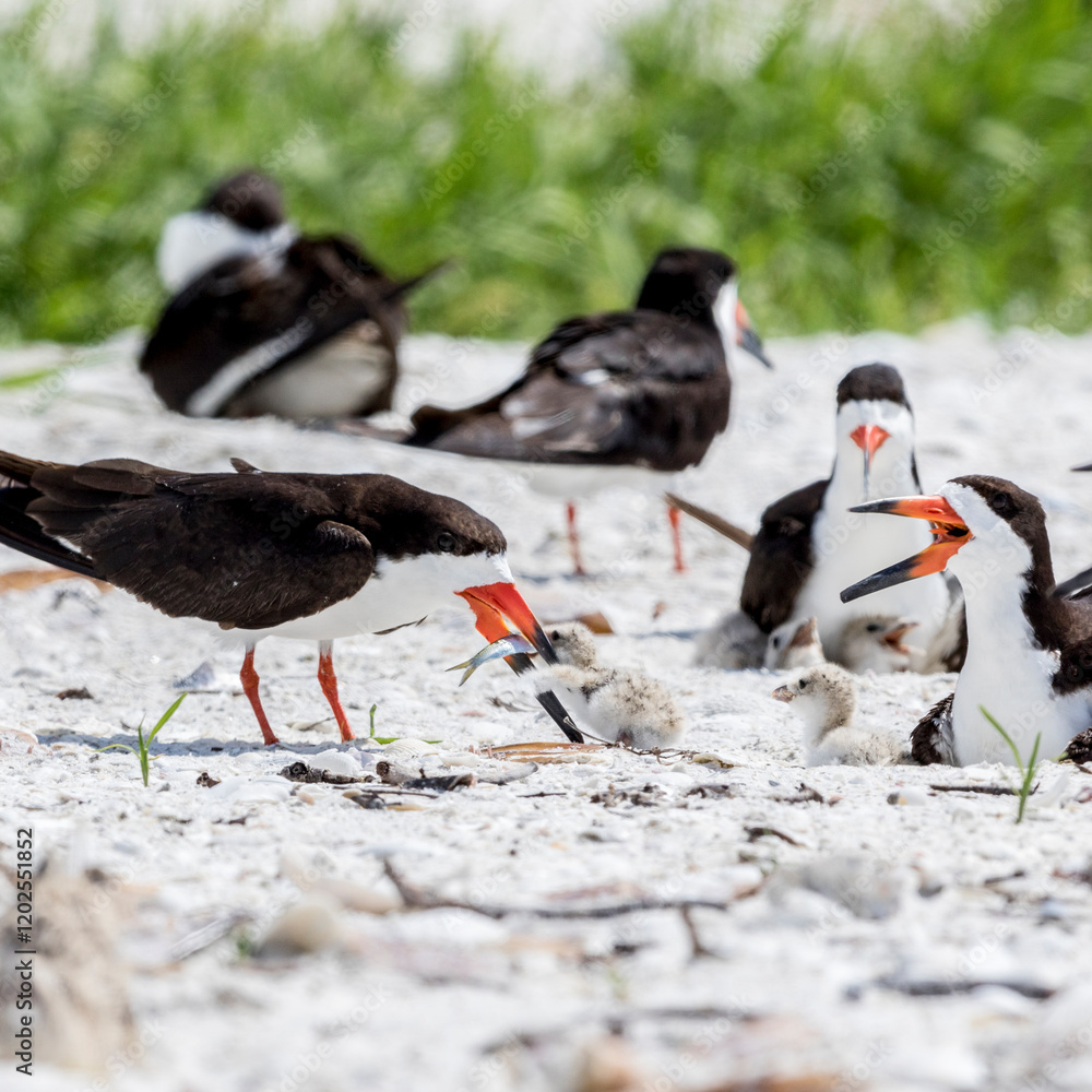 Fototapeta premium A black skimmer presents a fish to its young chick.