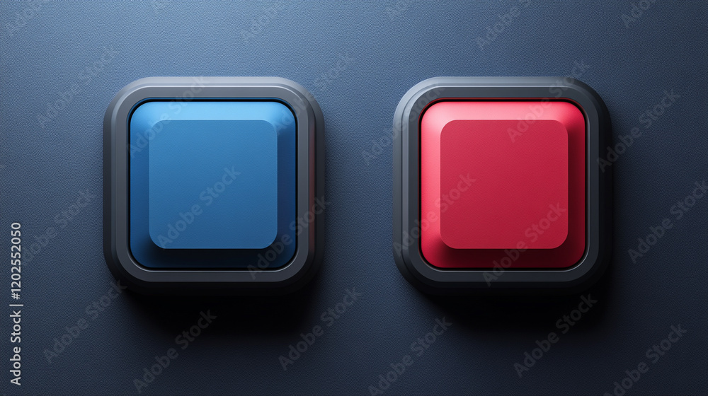 A modern digital panel with a red and blue button, two buttons separated by a box, blurred background, empty caption space on the side symbolizing chaos and control in a tech-driven world
A modern digital panel with a red and blue button, two buttons separated by a box, blurred background, empty caption space on the side symbolizing chaos and control in a tech-driven world
