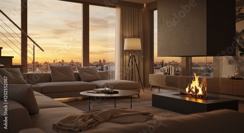 Modern living room interior with panoramic windows, fireplace, stylish decor and elegant staircase
