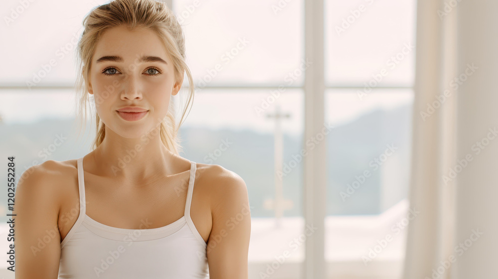 A young blonde woman showcases strength with weights, embodying fitness and determination in her workout routine. A young blonde woman showcases strength with weights, embodying fitness and determination in her workout routine.