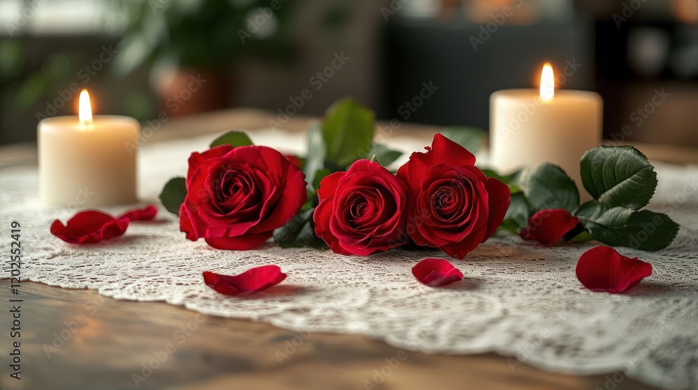 Fototapeta premium Romantic red roses and candles on a lace tablecloth