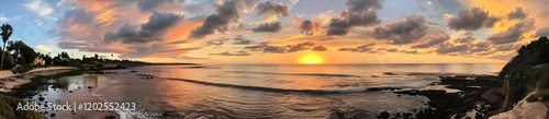 
Panoramic photograph of a beautiful sunset with clouds over the ocean, taken with an iPhone 8 camera.