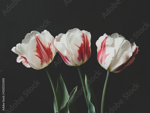 White and red parrot tulips set against a black background photo