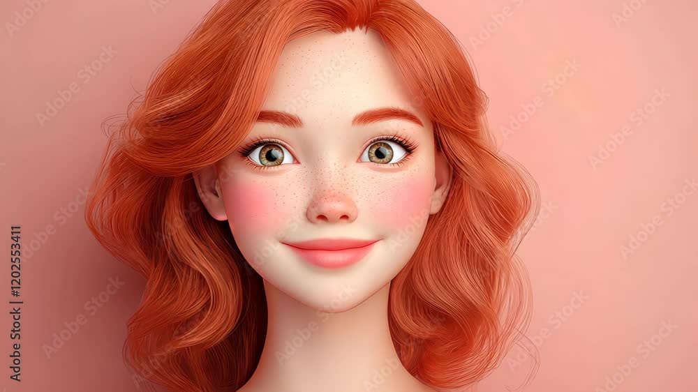 Joyful cartoon character with ginger hair and a radiant smile, showcasing happiness and positive emotions uniquely designed in 3D. Joyful cartoon character with ginger hair and a radiant smile, showcasing happiness and positive emotions uniquely designed in 3D.