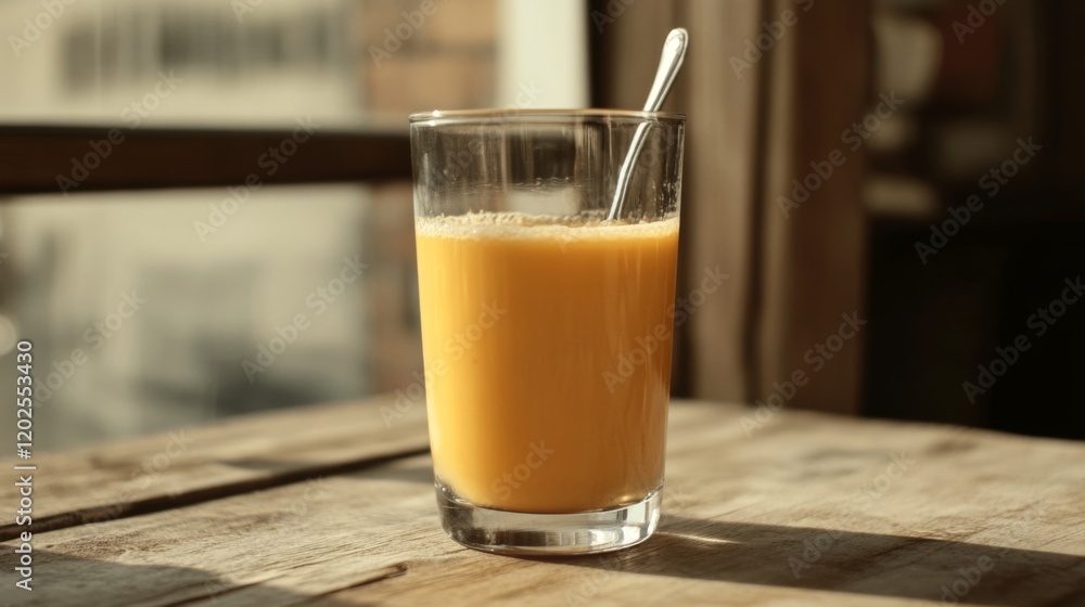 Glass of orange juice on wooden table in sunlight.