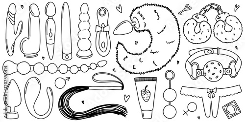 Set of sex toys doodle style. Hand drawn toys for adults sketch vector set. Doodle sex shop collection