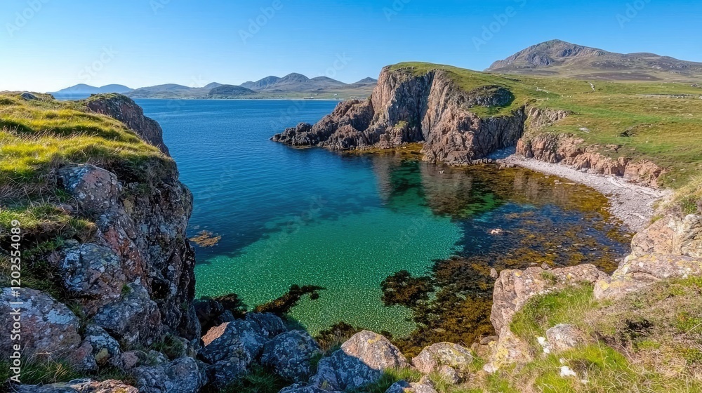 Secluded coastal cove, clear water, mountains backdrop, sunny day, travel photography Secluded coastal cove, clear water, mountains backdrop, sunny day, travel photography