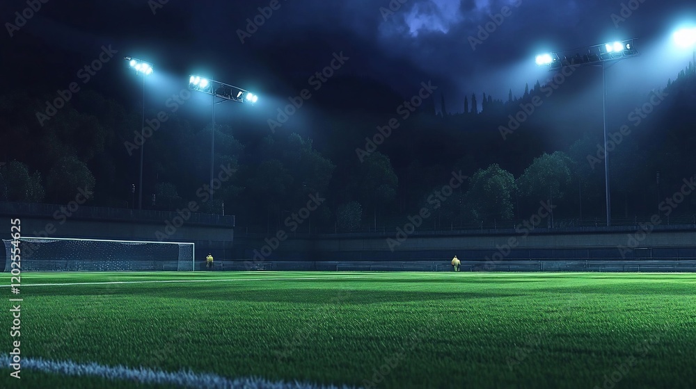 Fototapeta premium Night football field with illuminated floodlights and two people standing on the grass