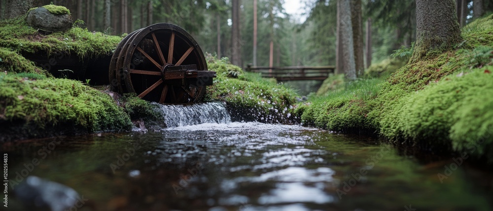 A flowing stream cascades over rocks beside an old watermill, encased in a verdant forest, awakening a sense of timeless serenity. A flowing stream cascades over rocks beside an old watermill, encased in a verdant forest, awakening a sense of timeless serenity.