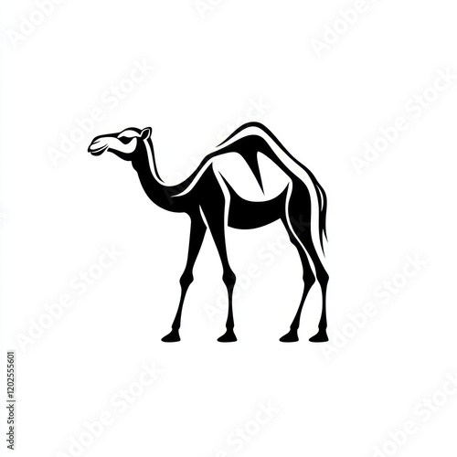 Camel silhouette, desert animal, wildlife, profile view, white background, travel illustration