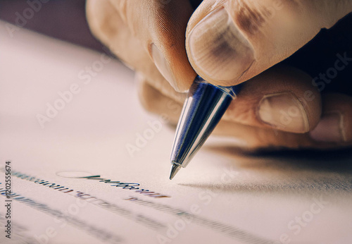 Person Signing Important Documen, detail macro view. photo