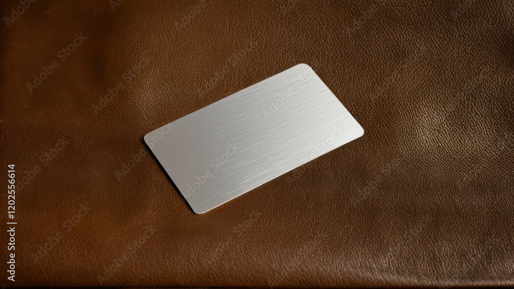 Fototapeta premium Flat blank brushed metal card mockup placed on luxurious leather.