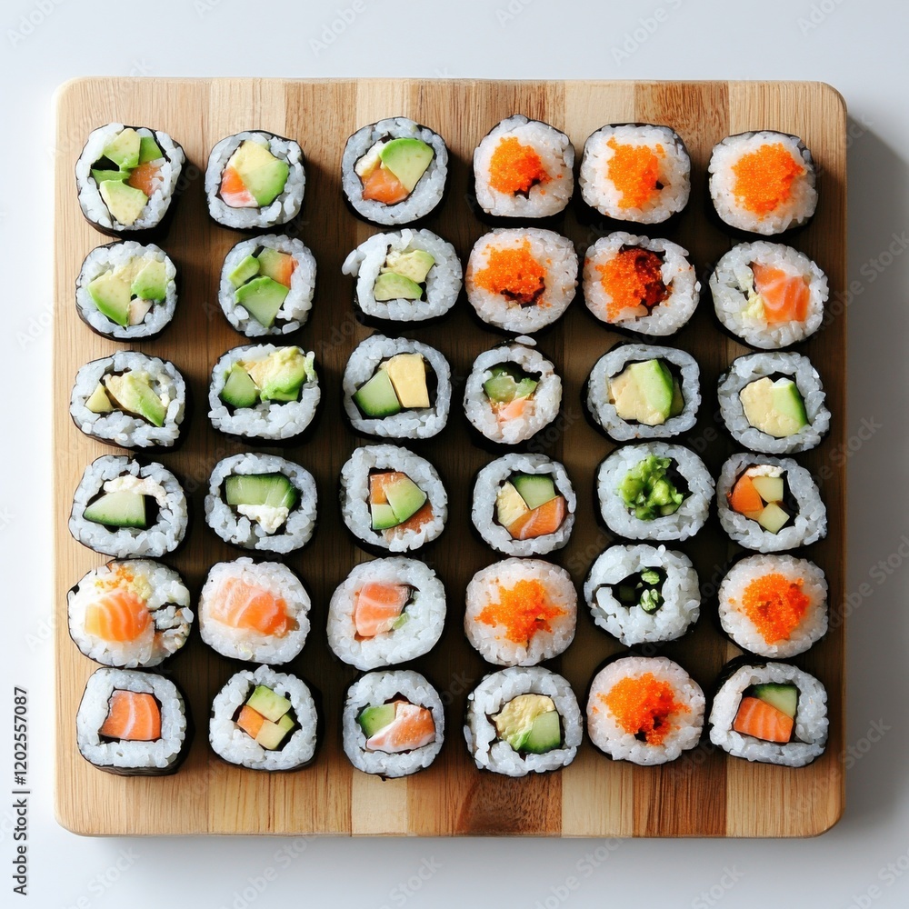 Colorful sushi rolls on wooden board display Colorful sushi rolls on wooden board display