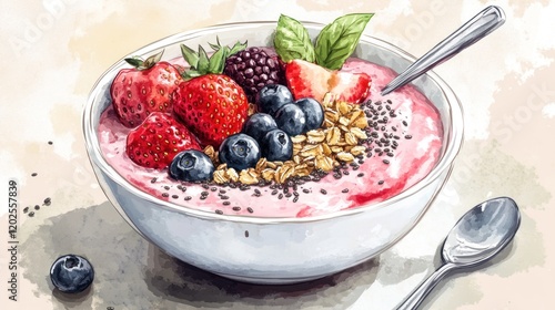 A Delicious Watercolor Painting of a Berry Smoothie Bowl photo