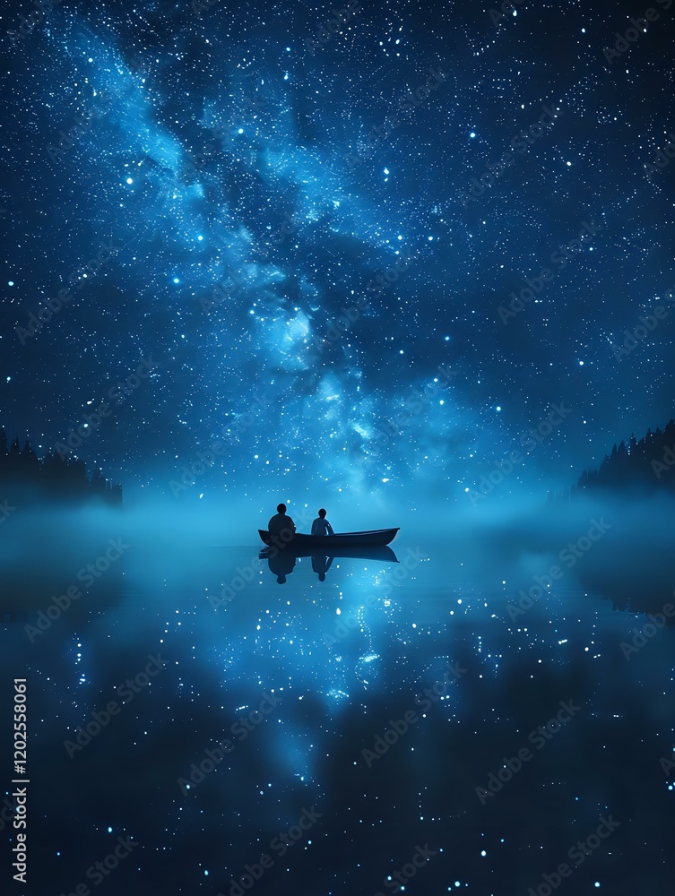 Obraz premium Silhouettes of two people in a boat floating on misty lake waters beneath spectacular starry night sky with bright Milky Way galaxy perfect for astronomy, romance, or meditation themes.