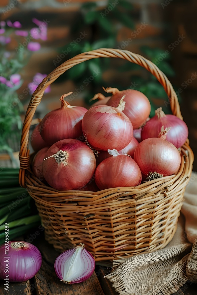 Fresh red onions in rustic wicker basket on wooden table with burlap cloth. Natural food photography perfect for cooking blogs, farm markets and healthy lifestyle publications. Fresh red onions in rustic wicker basket on wooden table with burlap cloth. Natural food photography perfect for cooking blogs, farm markets and healthy lifestyle publications.