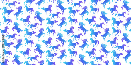 Seamless Pattern with Blue Gradient Silhouettes of Graceful Galloping and Rearing Horses, Elegant Vector Background for Textile, Wrapping Paper, and Equestrian Themed Design Projects