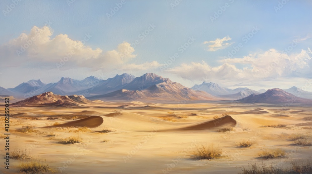 A serene desert landscape with golden dunes, rocky hills and mountains under a cloudy blue sky A serene desert landscape with golden dunes, rocky hills and mountains under a cloudy blue sky
