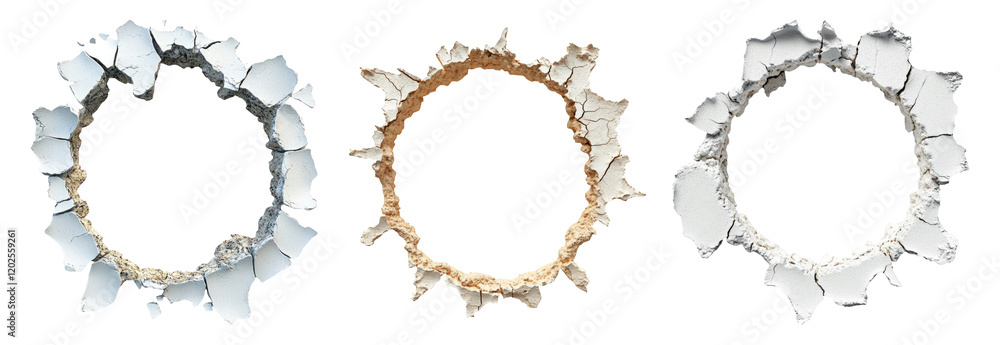 Isolated Round Holes with Cracked Edges on Transparent Background Isolated Round Holes with Cracked Edges on Transparent Background