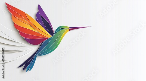   A vibrant hummingbird flies gracefully with spread-out wings and a leftward-turned head photo