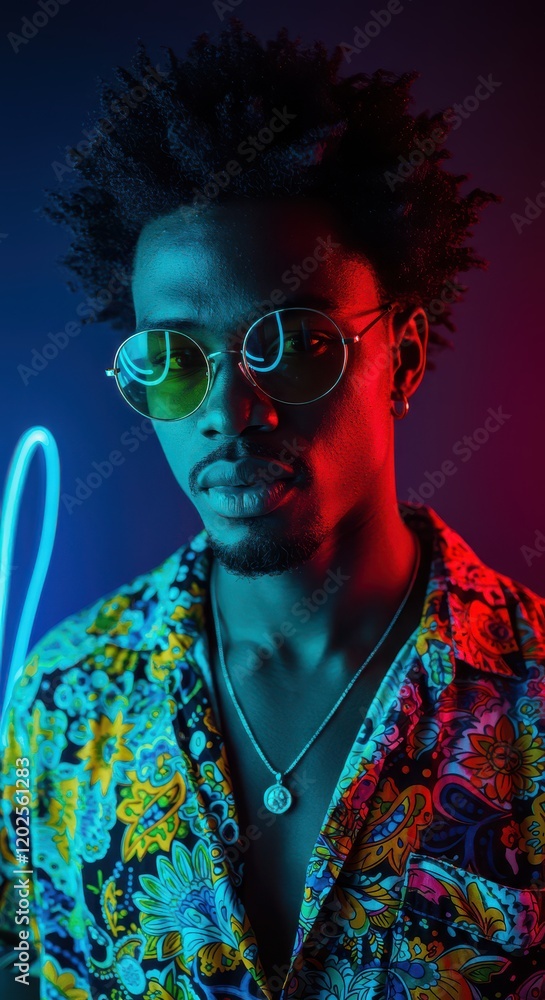 Fototapeta premium Stylish man in sunglasses on a bright background illuminated by neon light