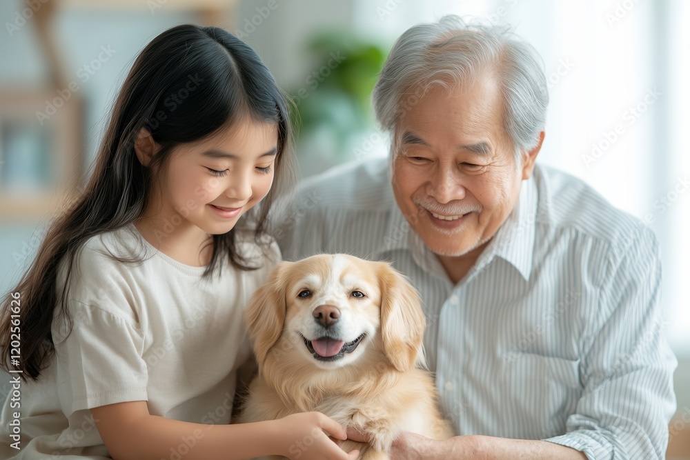 Heartwarming moment of a smiling grandfather and his granddaughter petting their adorable golden dog. Heartwarming moment of a smiling grandfather and his granddaughter petting their adorable golden dog.