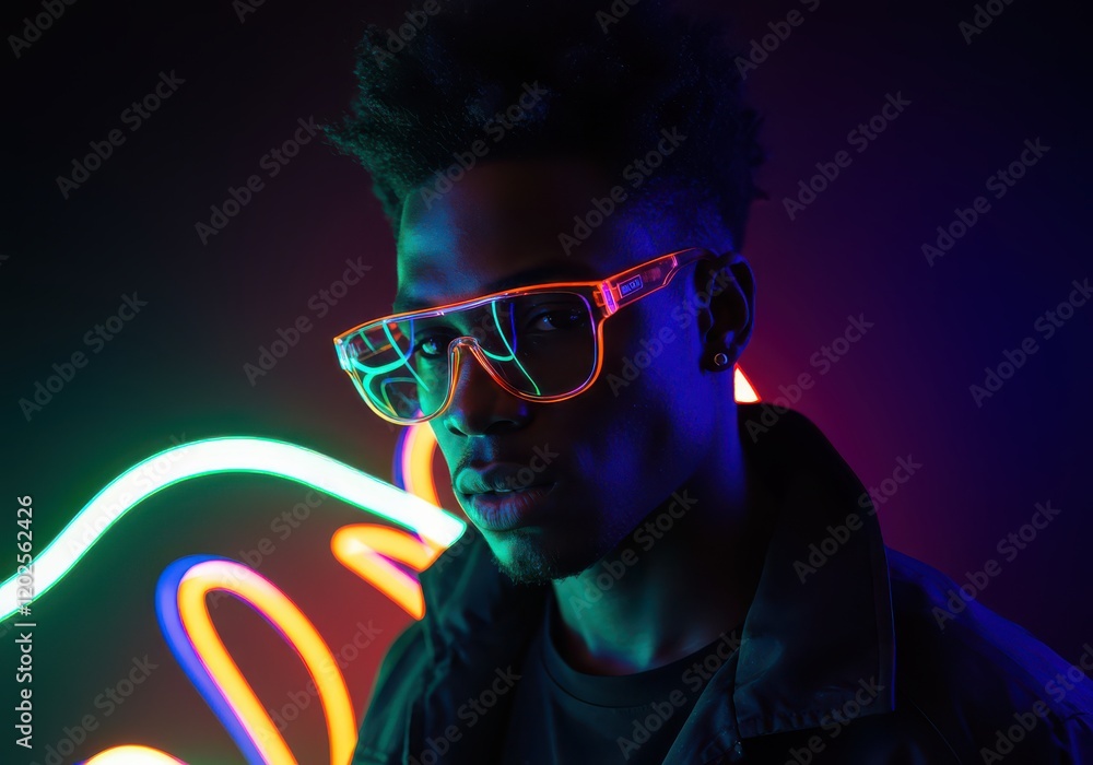 Stylish man in sunglasses on a bright background illuminated by neon light Stylish man in sunglasses on a bright background illuminated by neon light