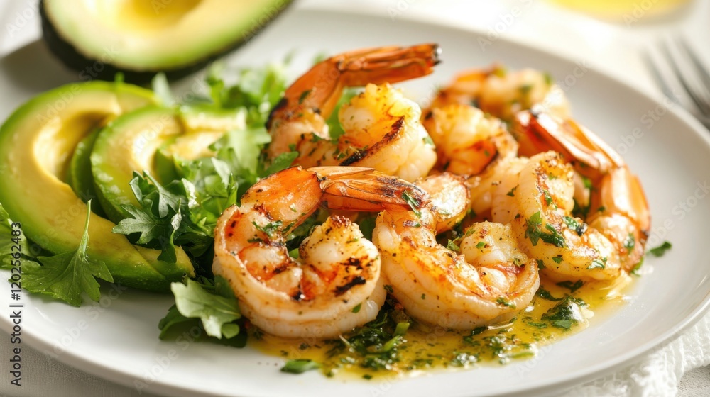 Elegant grilled shrimp plate with avocado Elegant grilled shrimp plate with avocado