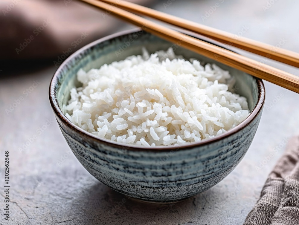 Traditional Asian rice dish in a ceramic bowl. Featuring steamed white rice with chopsticks. Highlighting the simplicity and cultural significance of rice. Ideal for culinary and cultural articles. Traditional Asian rice dish in a ceramic bowl. Featuring steamed white rice with chopsticks. Highlighting the simplicity and cultural significance of rice. Ideal for culinary and cultural articles.