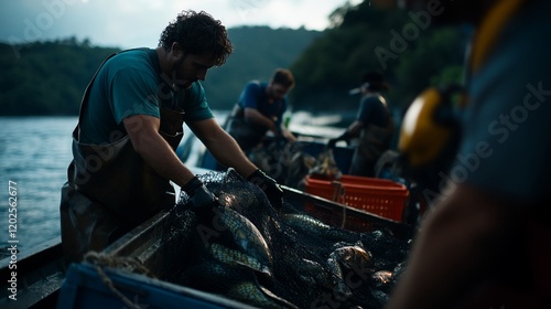 Fishermen sorting river fish catch at dusk