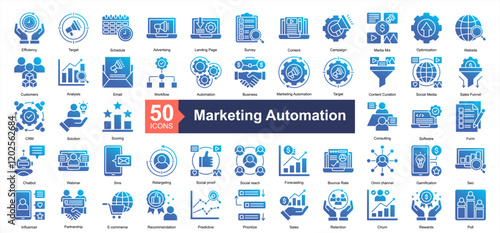Marketing Automation Icon Collection Set.Containing Efficiency, Target, Schedule, Advertising, Landing Page, Survey, Content, Campaign icon. Simple glyph gradient style Vector Illustration.