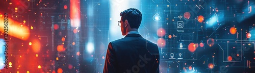 Business Worker Digital Cloud Data Futuristic Office Hyperrealistic Art Dark Environment Back View