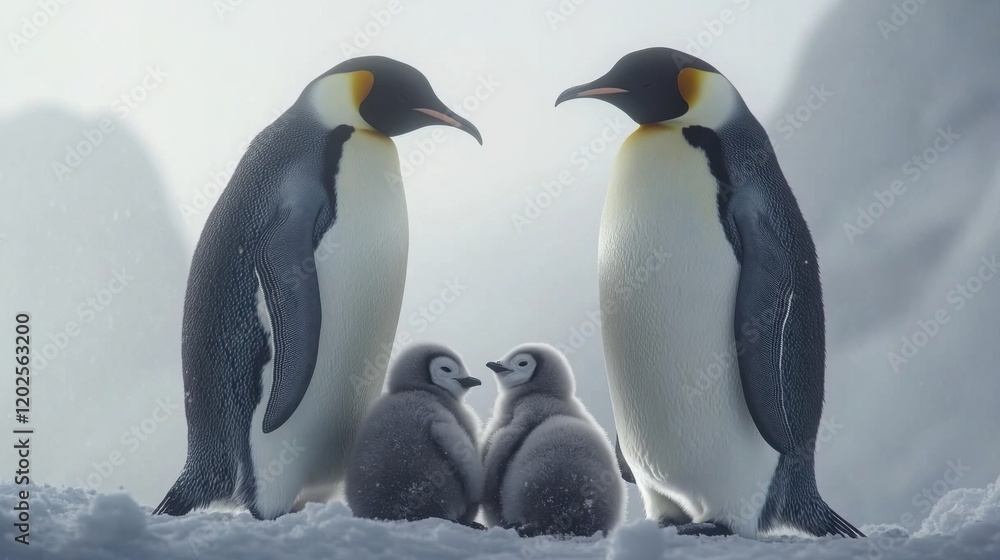 Fototapeta premium Emperor penguins with chicks on snowy landscape