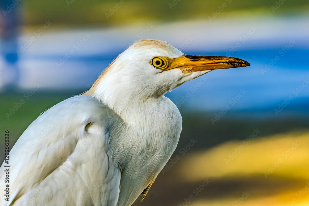 Colorful white cattle egret heron, Waikiki, Honolulu, Hawaii. Introduced into Hawaii in 1959. Colorful white cattle egret heron, Waikiki, Honolulu, Hawaii. Introduced into Hawaii in 1959.