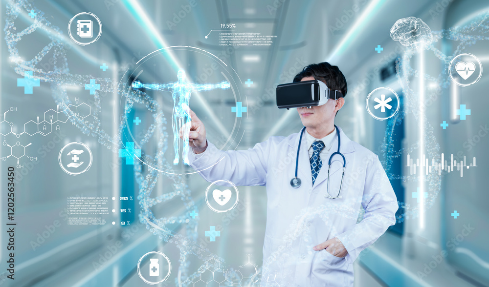 Doctor pointing at medical data while diagnosis symptom by using VR glasses. Doctor wearing lab coat and augmented reality goggles while looking human organ hologram. Healthcare concept. Ingenuity.. Doctor pointing at medical data while diagnosis symptom by using VR glasses. Doctor wearing lab coat and augmented reality goggles while looking human organ hologram. Healthcare concept. Ingenuity..